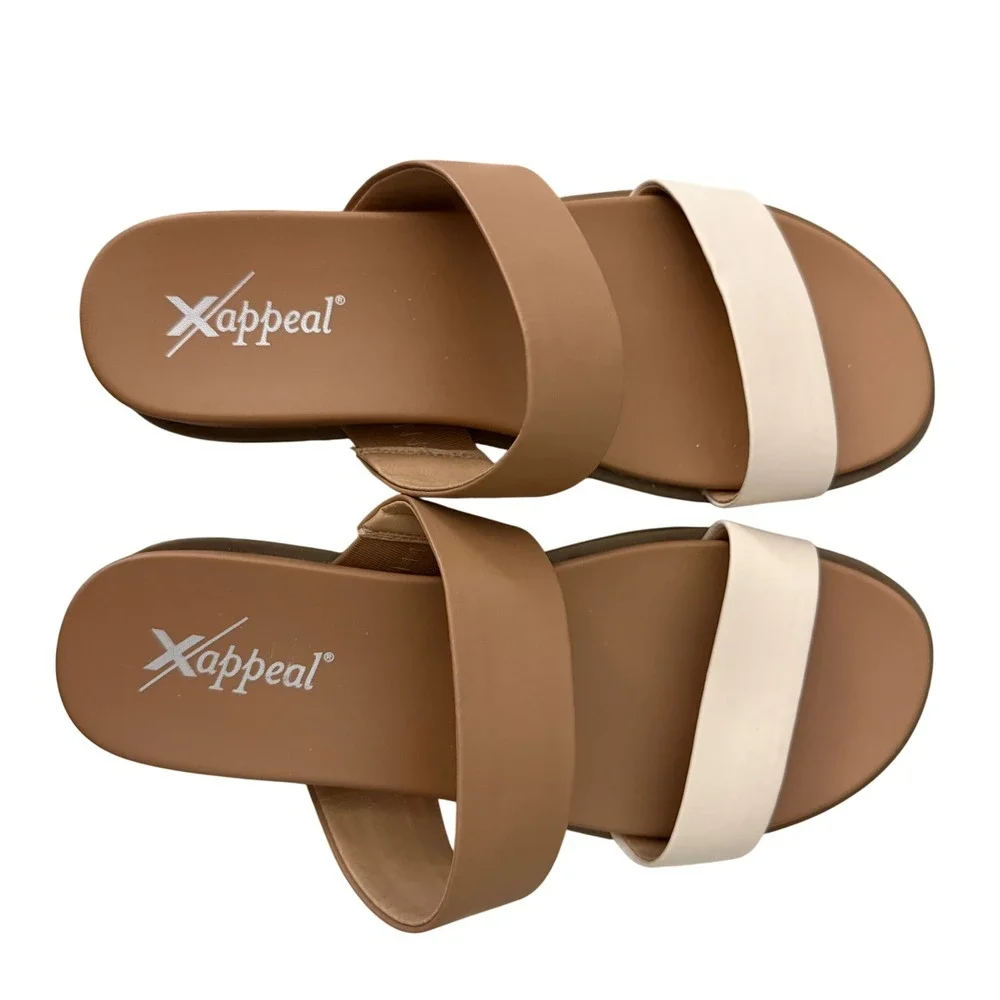 Xappeal Edith Slide Sandals Women 8M Tan Cream NWOT Two Strap Minimalist